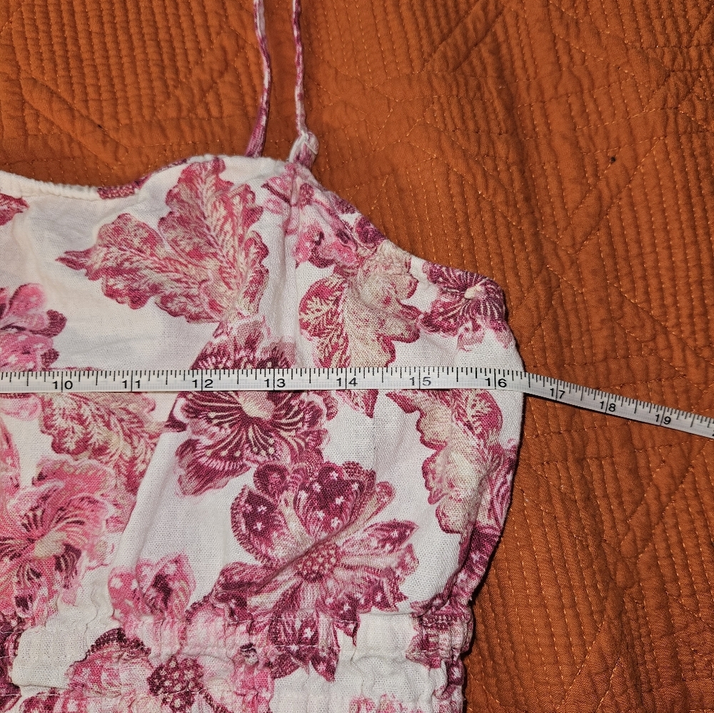 Linen Blend Floral White Pink Summer Dress Women's L - Picture 6 of 9
